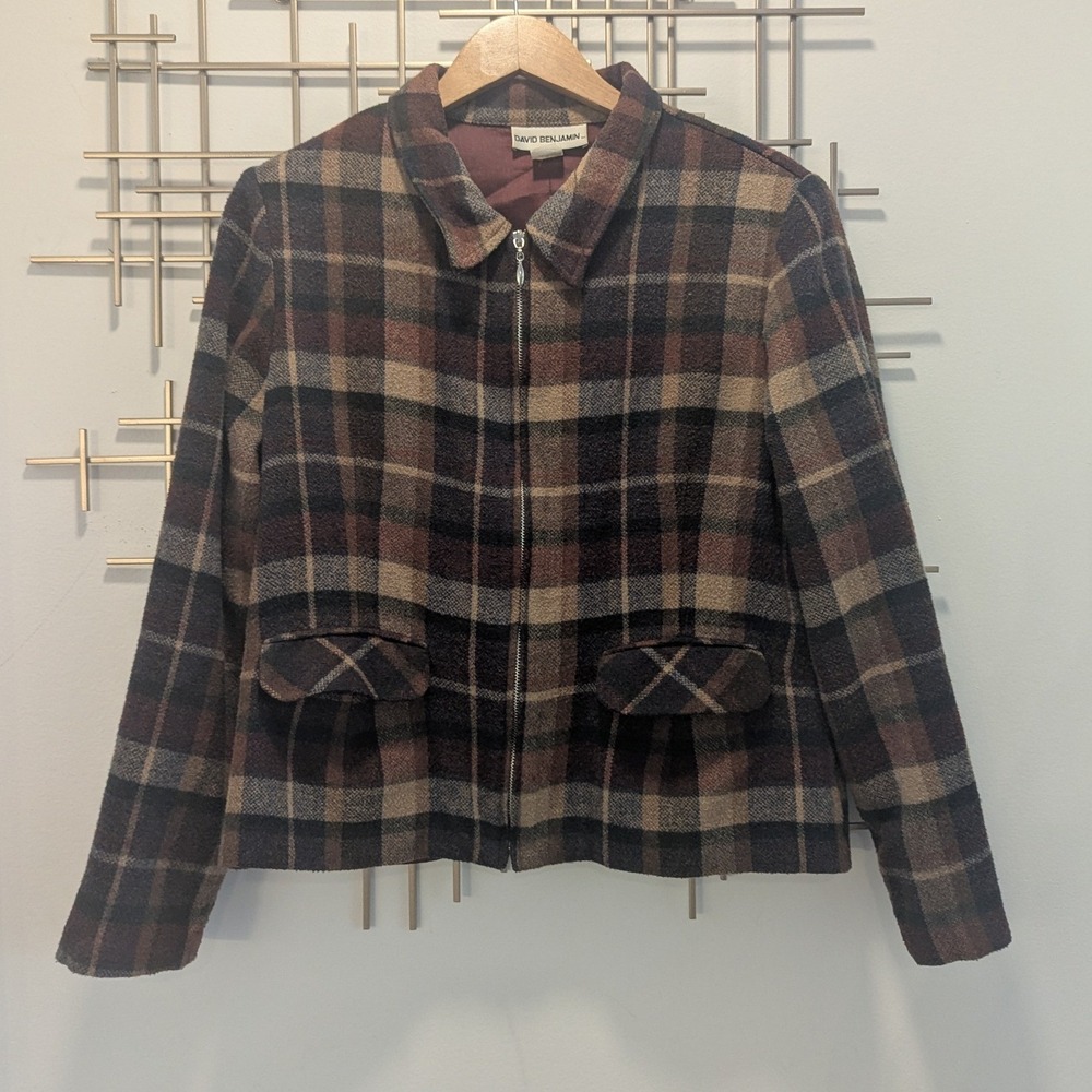 VTG David Benjamin Plaid Zipper Front Jacket Women's Size 14‎ Brown Tan Black